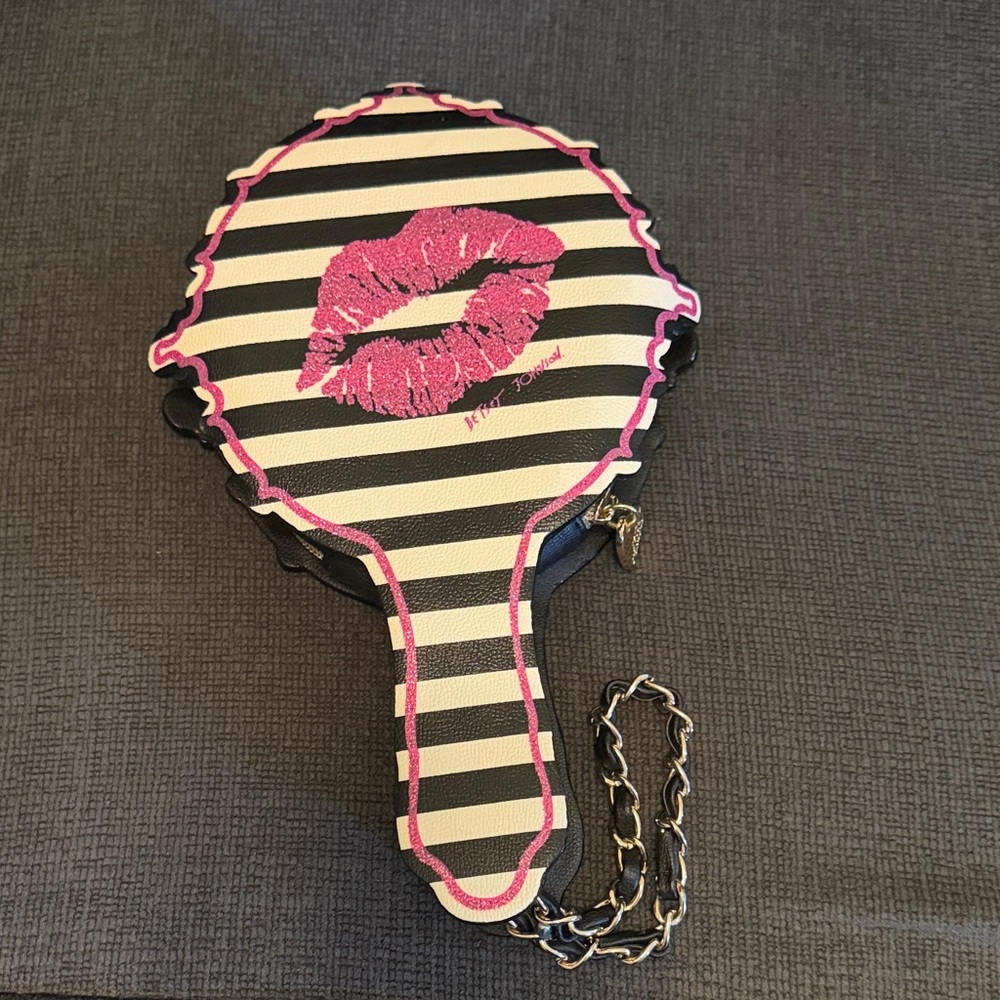 Betsey Johnson Striped Handbag with Pink Lips Design